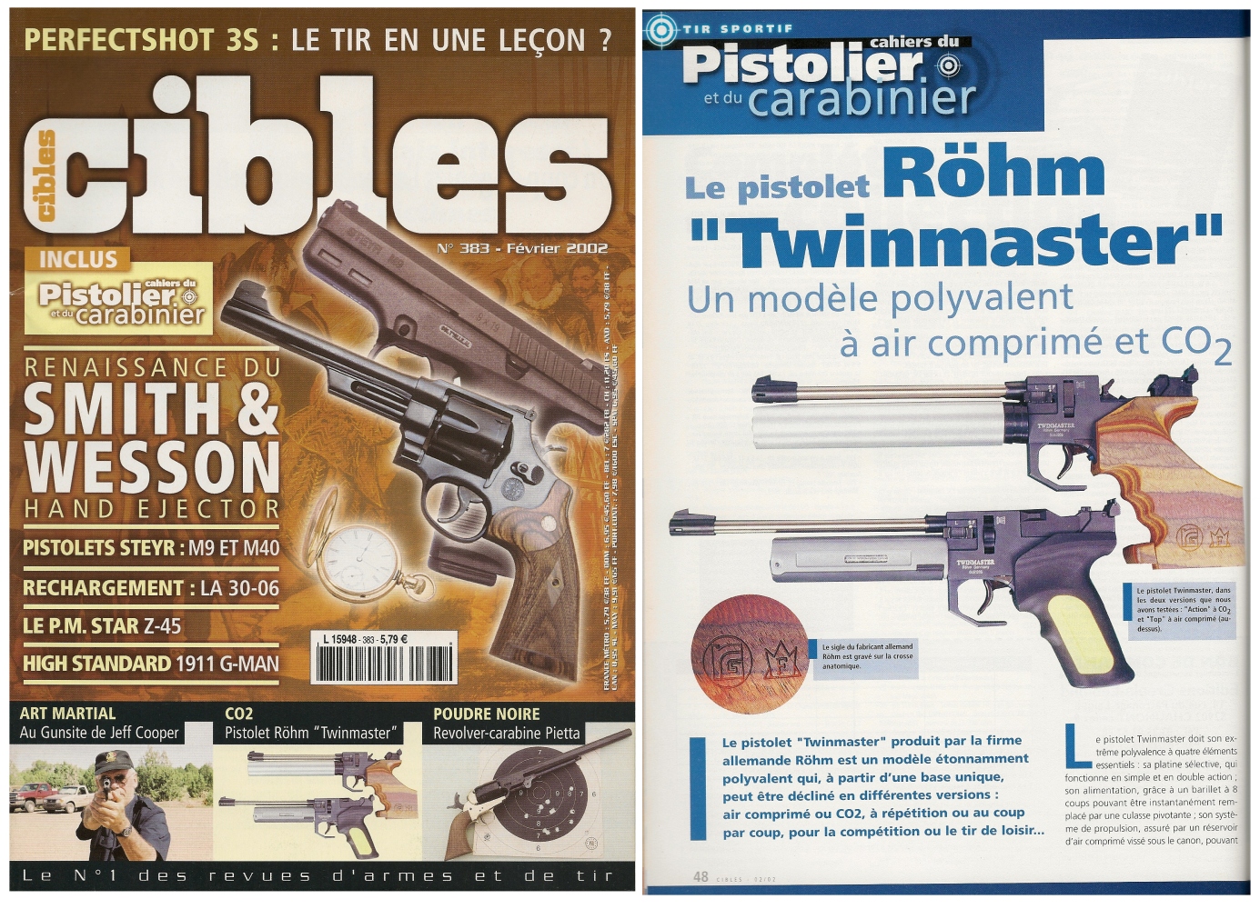 Le banc d’essai du pistolet Röhm Twinmaster a été publié sur 3 pages ½ dans le magazine Cibles n°383 (février 2002)
