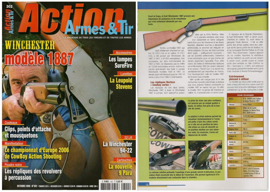 Le banc d’essai de la réplique du fusil Winchester modèle 1887 réalisée par Norinco a été publié sur 7 pages dans le magazine Action Armes & Tir n°302 (octobre 2006) 