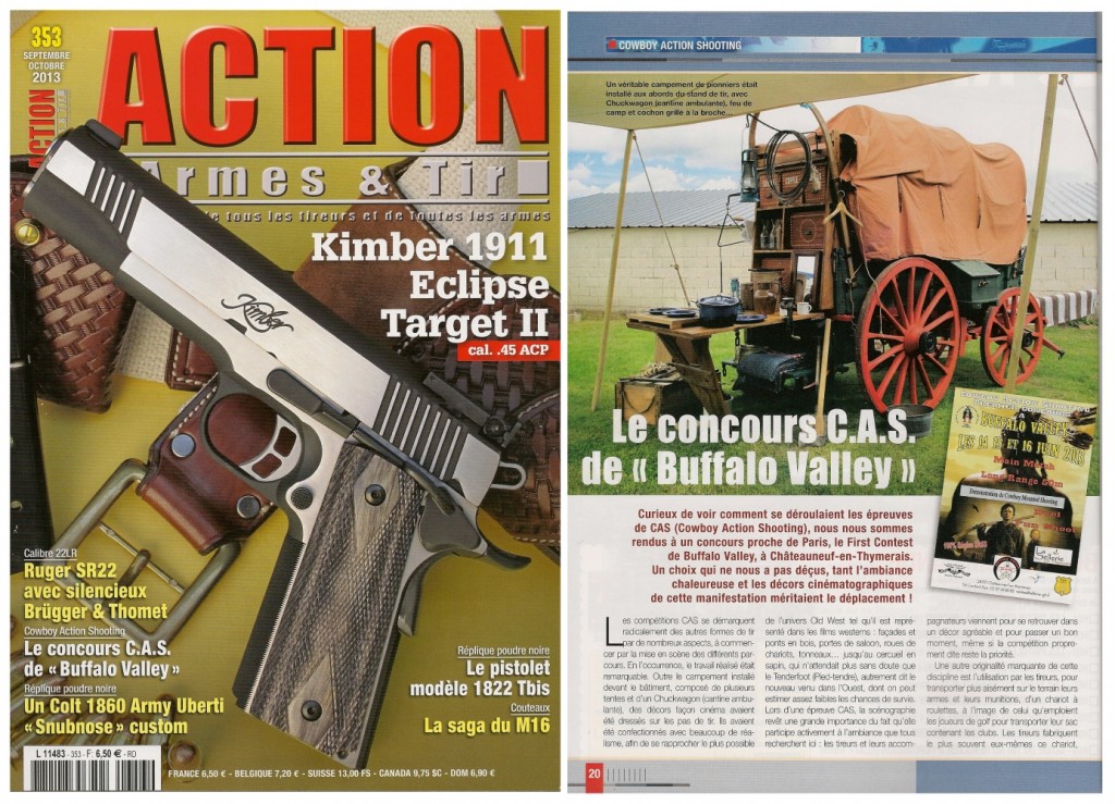 Le reportage réalisé à l’occasion du concours CAS de Buffalo Valley a été publié sur 3 pages dans le magazine Action Armes & Tir n°353 (septembre-octobre 2013)