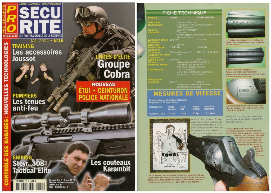 Le banc d’essai du revolver Safegom « Magnum » a été publié sur 4 pages dans le magazine Pro Sécurité n°16 (mai 2004) 