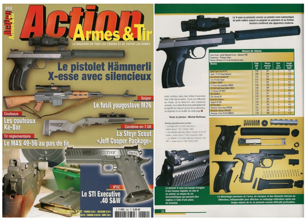 Le banc d’essai du pistolet Hämmerli X-esse avec silencieux a été publié sur 7 pages dans le magazine Action Armes & Tir n°282 (décembre 2004) 
