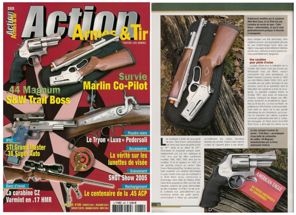 Le banc d’essai de la carabine Marlin Co-Pilot a été publié sur 9 pages dans le magazine Action Armes & Tir n°285 (mars 2005) 