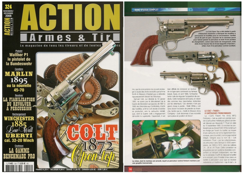 Le banc d’essai du revolver Colt modèle 1872 « Open Top » a été publié sur 8 pages dans le magazine Action Armes & Tir n°324 (novembre-décembre 2008)