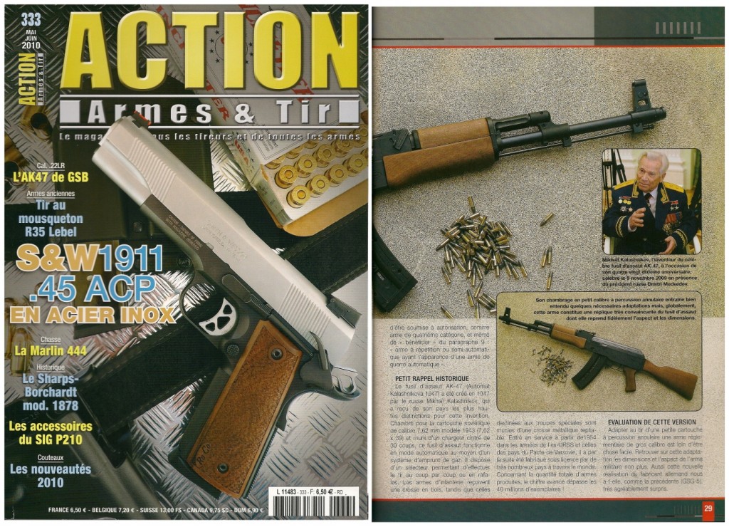 Le banc d’essai de la carabine GSG-AK47 a été publié sur 7 pages dans le magazine Action Armes & Tir n°333 (mai-juin 2010) 
