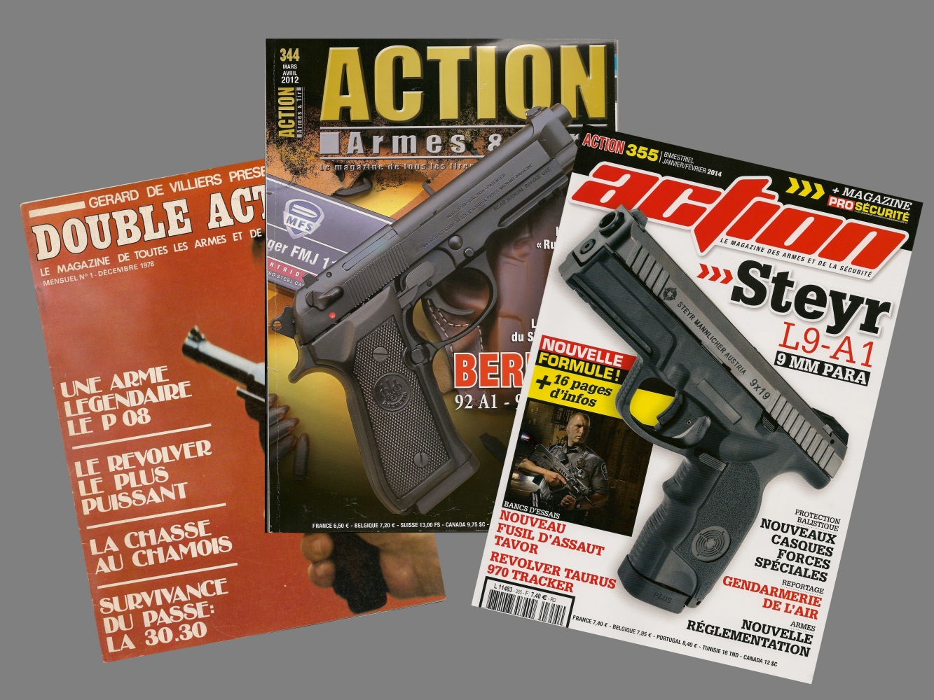 Entre ce numéro 1 du magazine Double Action (à gauche) et le numéro 355 actuellement en kiosque se sont écoulées trente-cinq années, passées au service des tireurs et amateurs d’armes.
