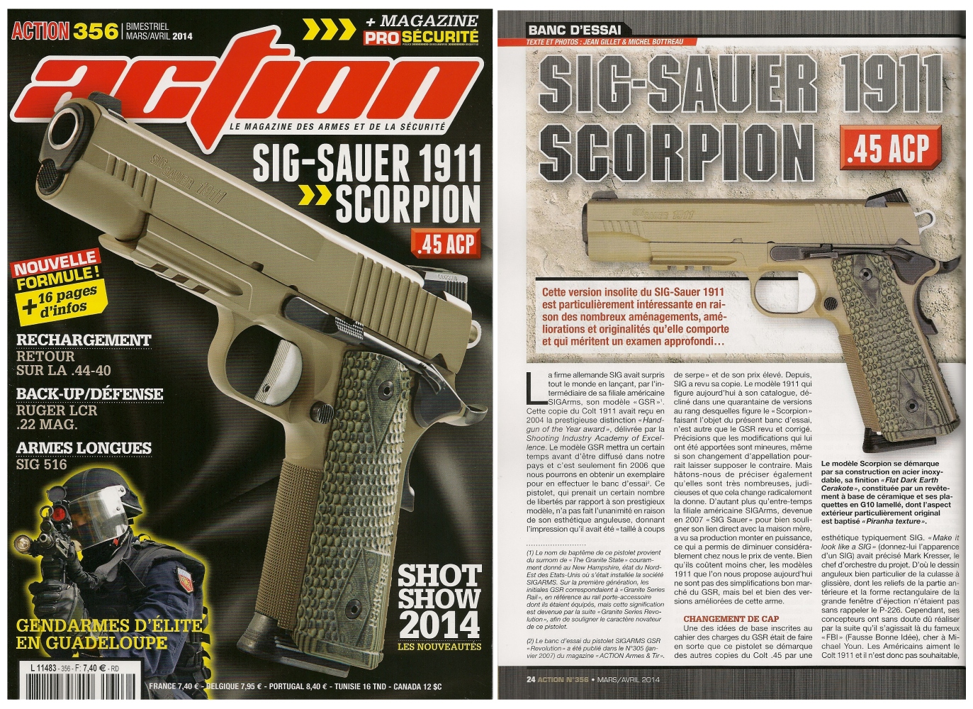 Le banc d’essai du pistolet Sig-Sauer 1911 Scorpion a été publié sur 6 pages dans le magazine Action n°356 (mars-avril 2014)