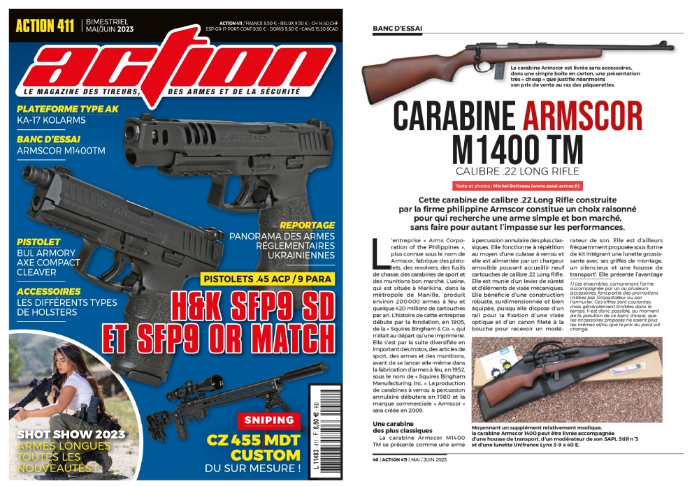 Le banc d’essai de la carabine Armscor M1400 TM a été publié sur 6 pages dans le magazine Action n°411 (mai/juin 2023)