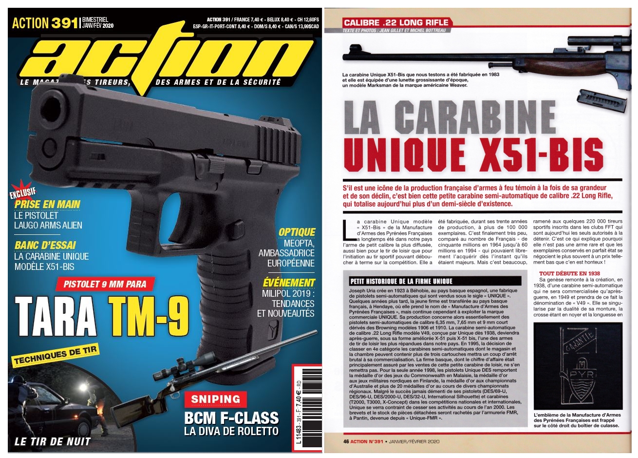 Le banc d’essai de la carabine Unique modèle X51-Bis a été publié sur 5 pages dans le magazine Action n°391 (janvier-février 2020). 