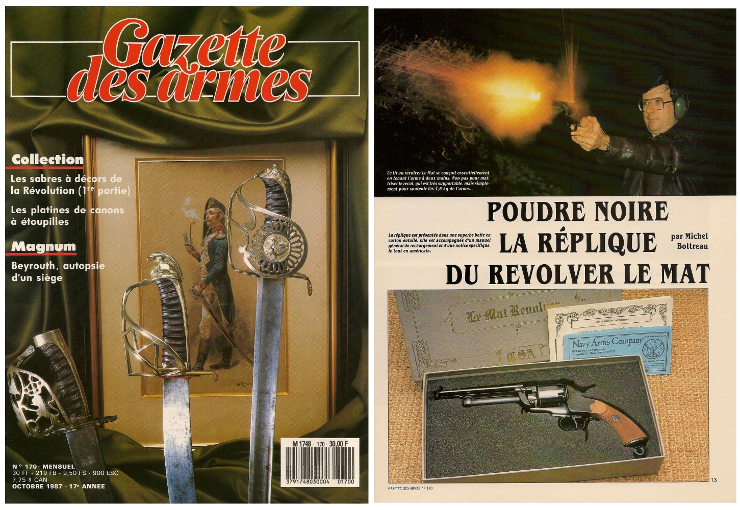 Le banc d’essai de la réplique du revolver Le Mat a été publié sur 8 pages dans le magazine Gazette des Armes n°170 (octobre 1987).