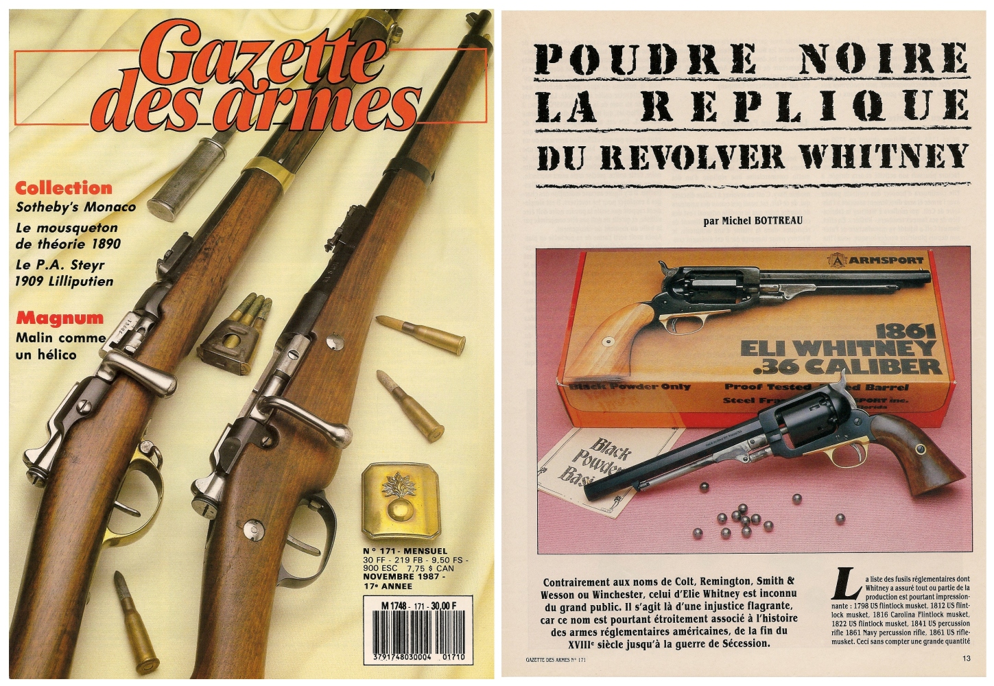 Le banc d’essai de la réplique du revolver Whitney Navy a été publié sur 6 pages dans le magazine Gazette des Armes n°171 (novembre 1987).