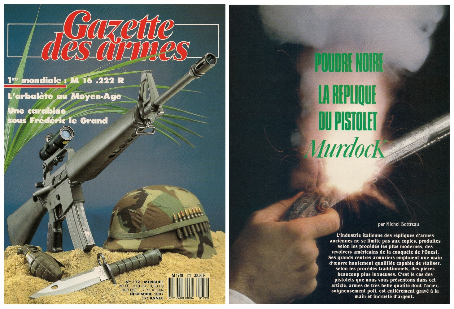 Le banc d’essai de la réplique du pistolet Murdoch a été publié sur 5 pages dans le magazine Gazette des Armes n°172 (décembre 1987).