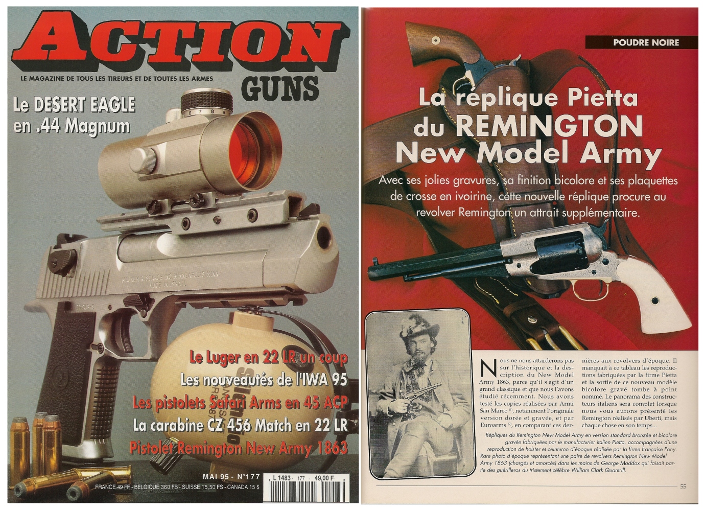 Le banc d'essai du revolver Remington New Model Army « Old Silver » a été publié sur 4 pages dans le magazine Action Guns n° 177 (mai 1995). 