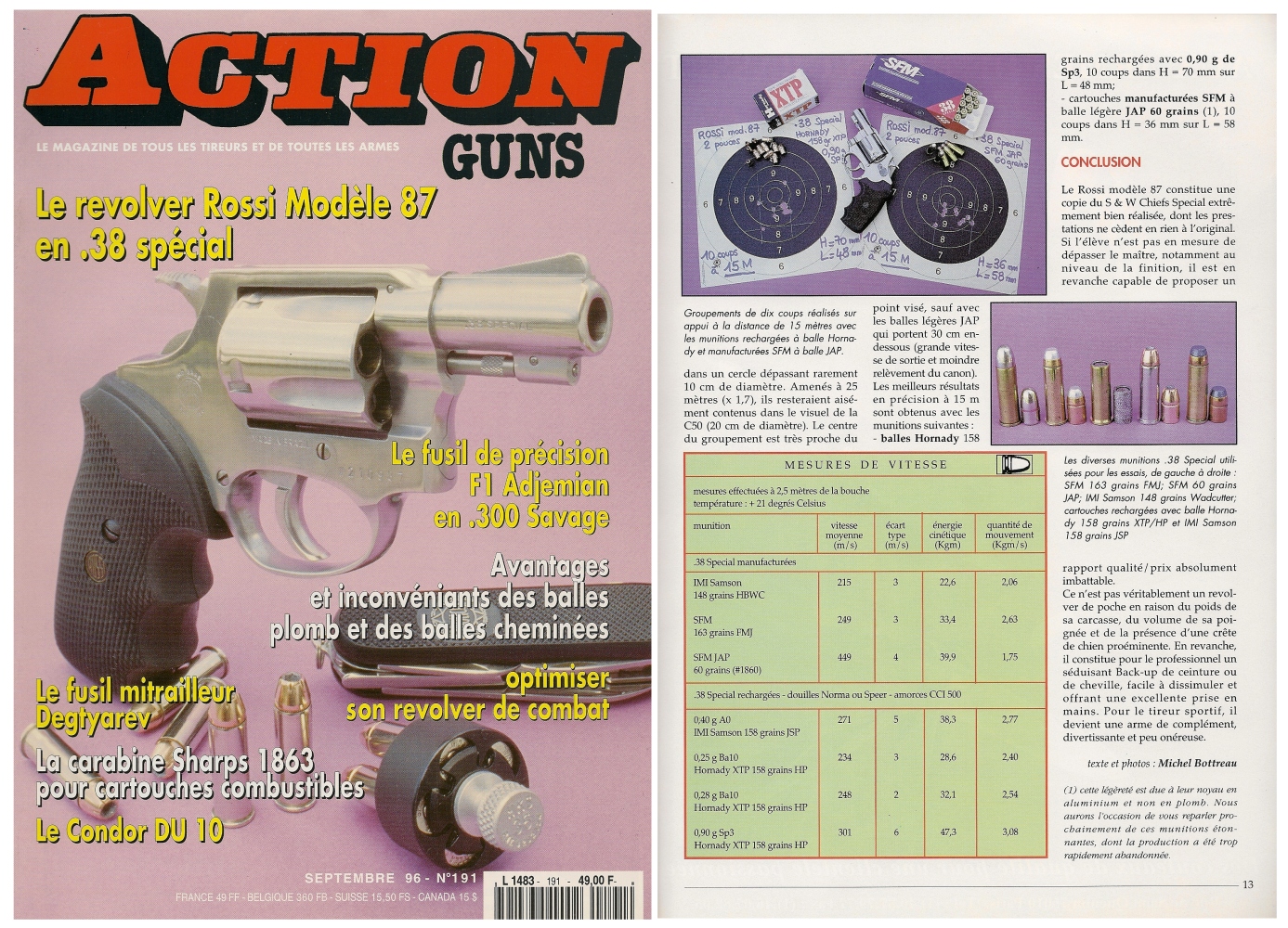 Le banc d’essai du revolver Rossi de calibre .38 Special a été publié sur 6 pages dans le magazine Action Guns n° 191 (septembre 1996).