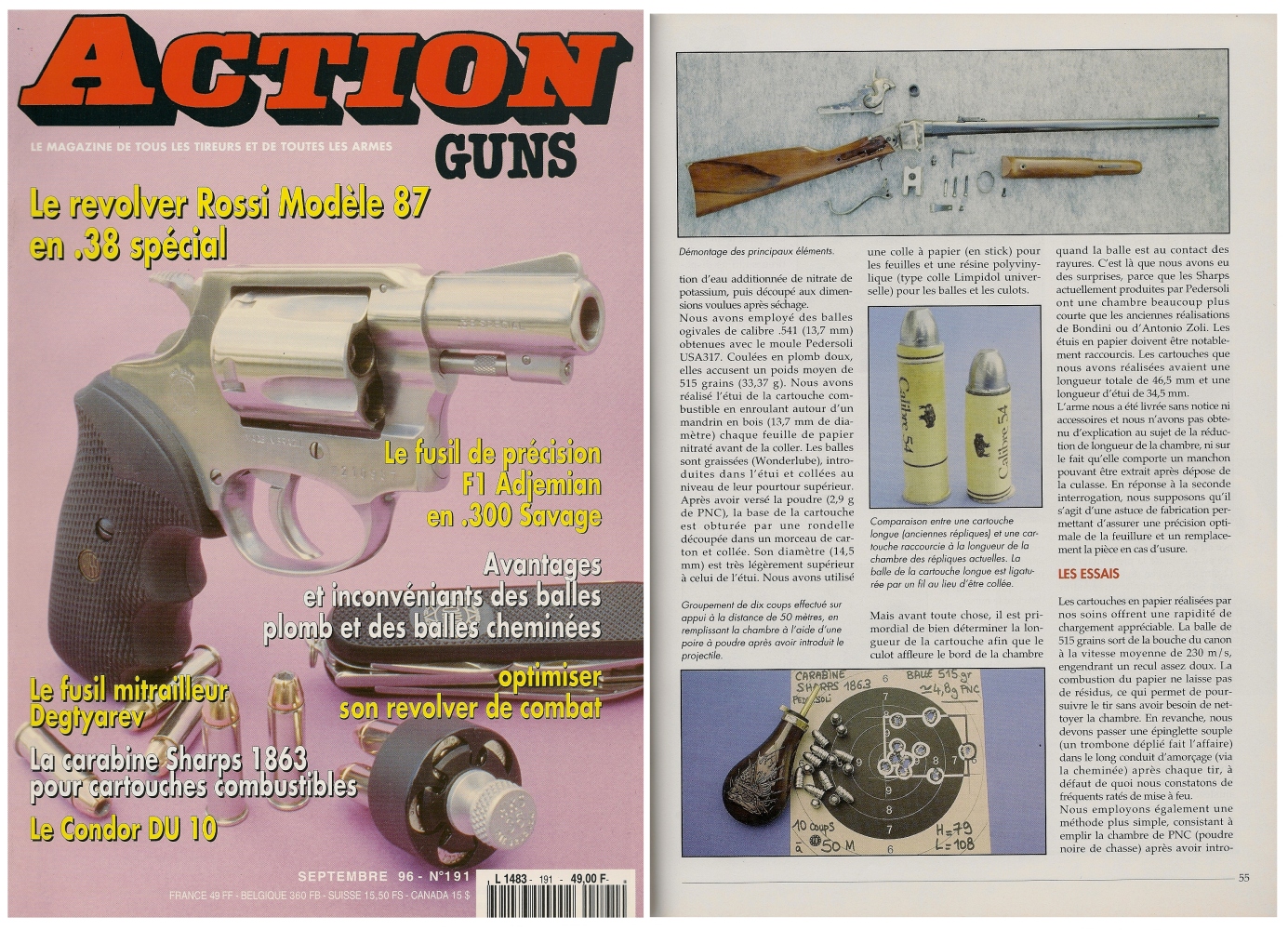 Le banc d’essai de la carabine Sharps modèle 1863 a été publié sur 6 pages dans le magazine Action Guns n° 191 (septembre 1996).