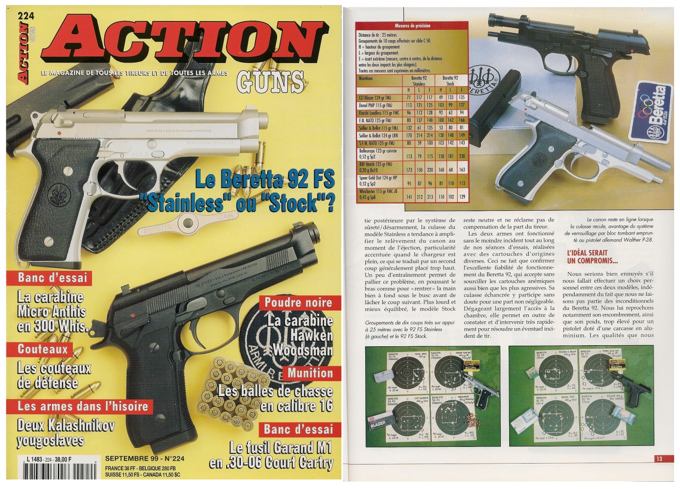 Le banc d’essai des pistolets Beretta 92 modèles « Stainless » et « Stock » a été publié sur 7 pages dans le magazine Action Guns n° 224 (septembre 1999).
