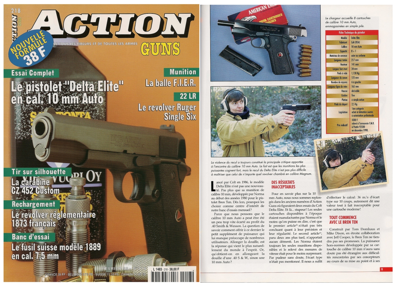 Le banc d’essai du pistolet Colt modèle Delta Elite a été publié sur 7 pages dans le magazine Action Guns n°218 (février 1999) 