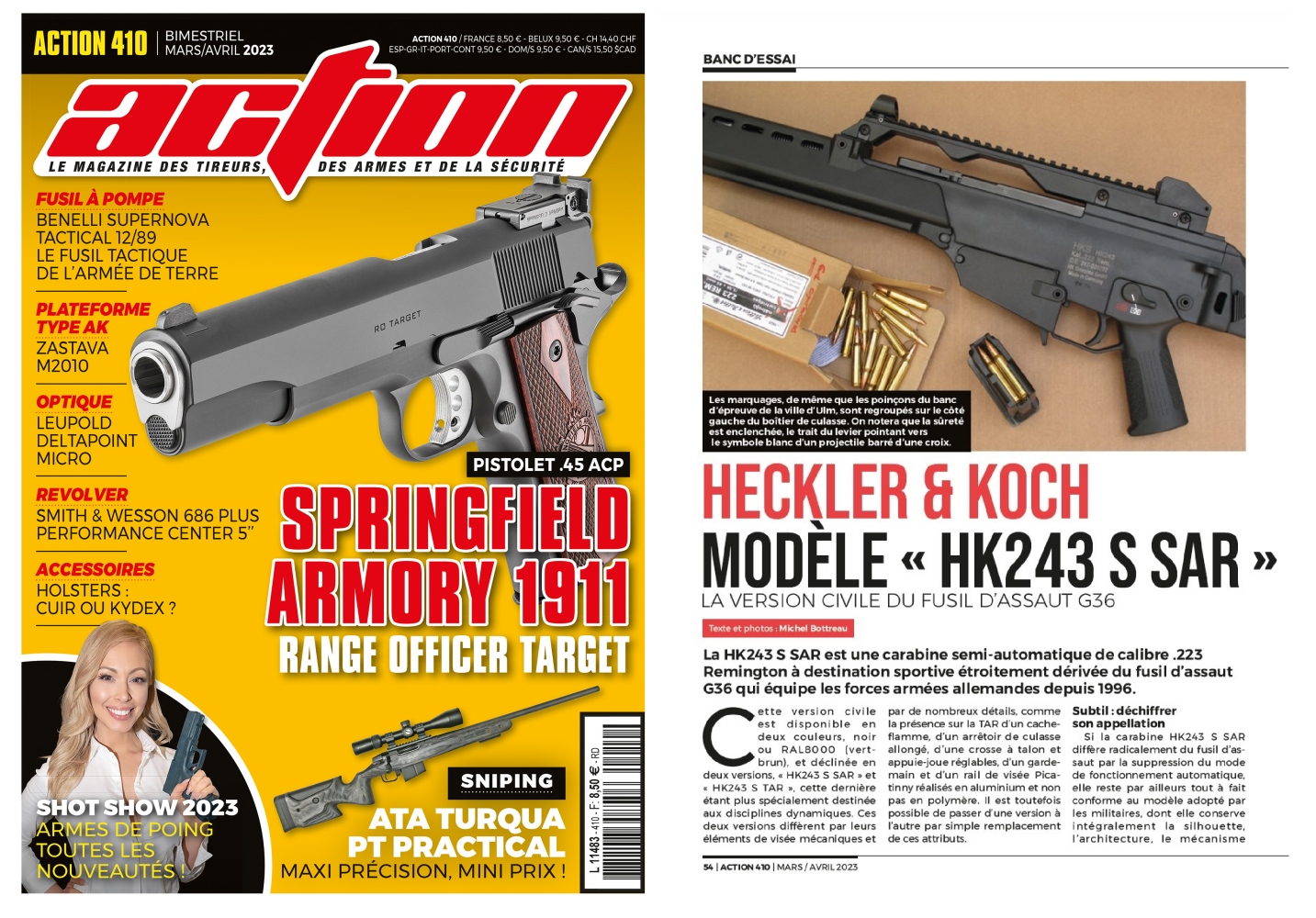 Le banc d’essai de la carabine HK243S SAR a été publié sur 6 pages dans le magazine Action n°410 (mars-avril 2023)