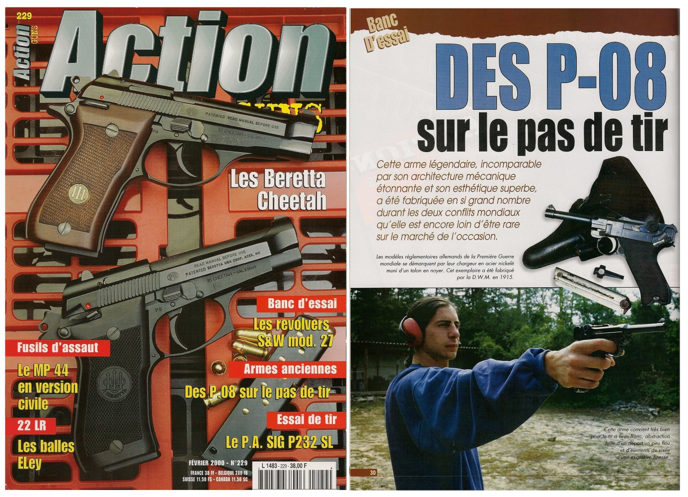 Le banc d'essai des pistolets P-08 a été publié sur 6 pages dans le magazine Action Guns n°229 (février 2000).