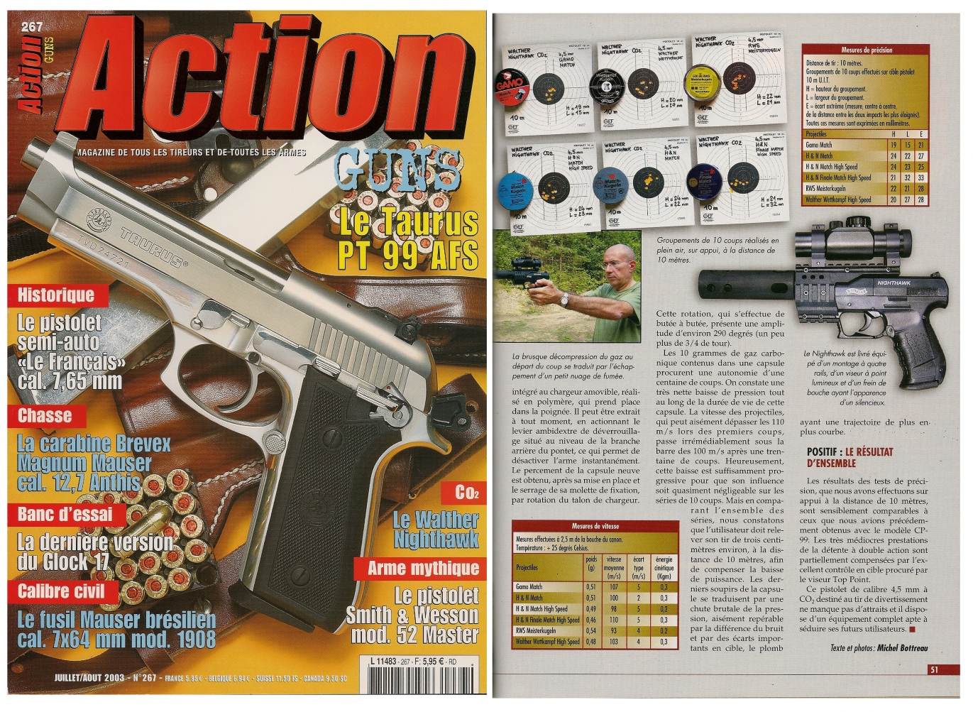 Le banc d'essai du pistolet à CO2 Walther Nighthawk a été publié sur 4 pages dans le magazine Action Guns n°267 (juillet/août 2003). 