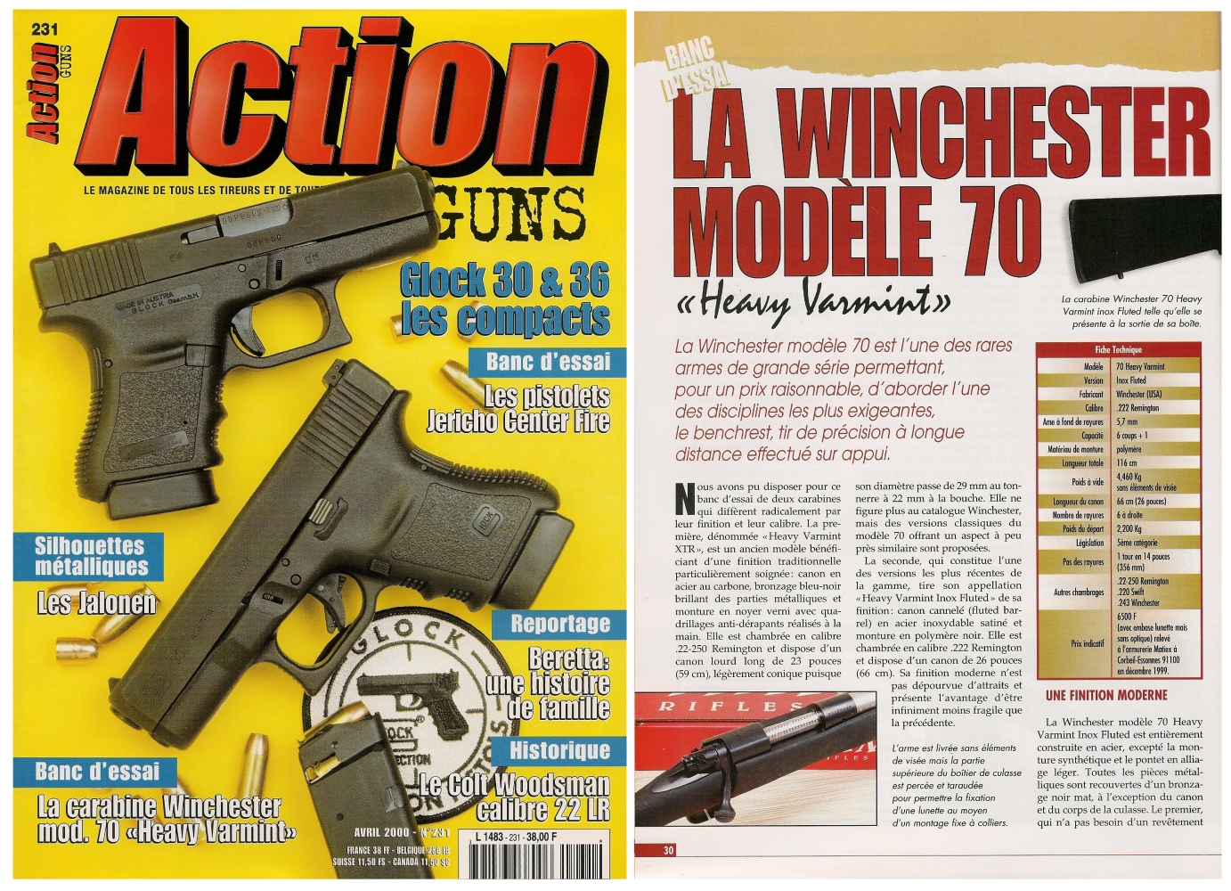 Le banc d'essai des carabines Winchester modèle 70 « Heavy Varmint » en calibre .22-250 et .222 a été publié sur 6 pages dans le magazine Action Guns n°231 (avril 2000).