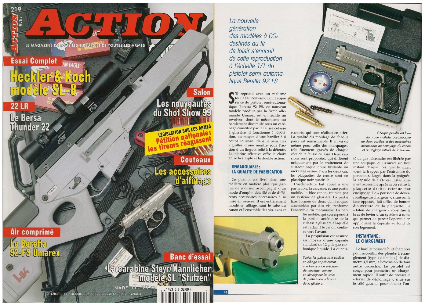 Le banc d’essai du pistolet Beretta 92 FS à CO2 a été publié sur 4 pages dans le magazine Action Guns n°219 (mars 1999) 