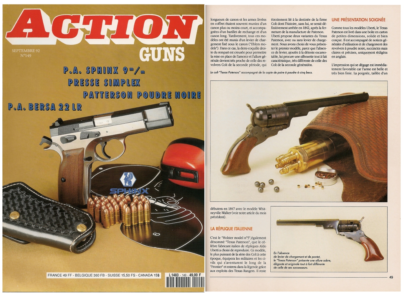 Le banc d’essai de la réplique du Colt Texas Paterson a été publié sur 5 pages dans le magazine Action Guns n°149 (septembre 1992).