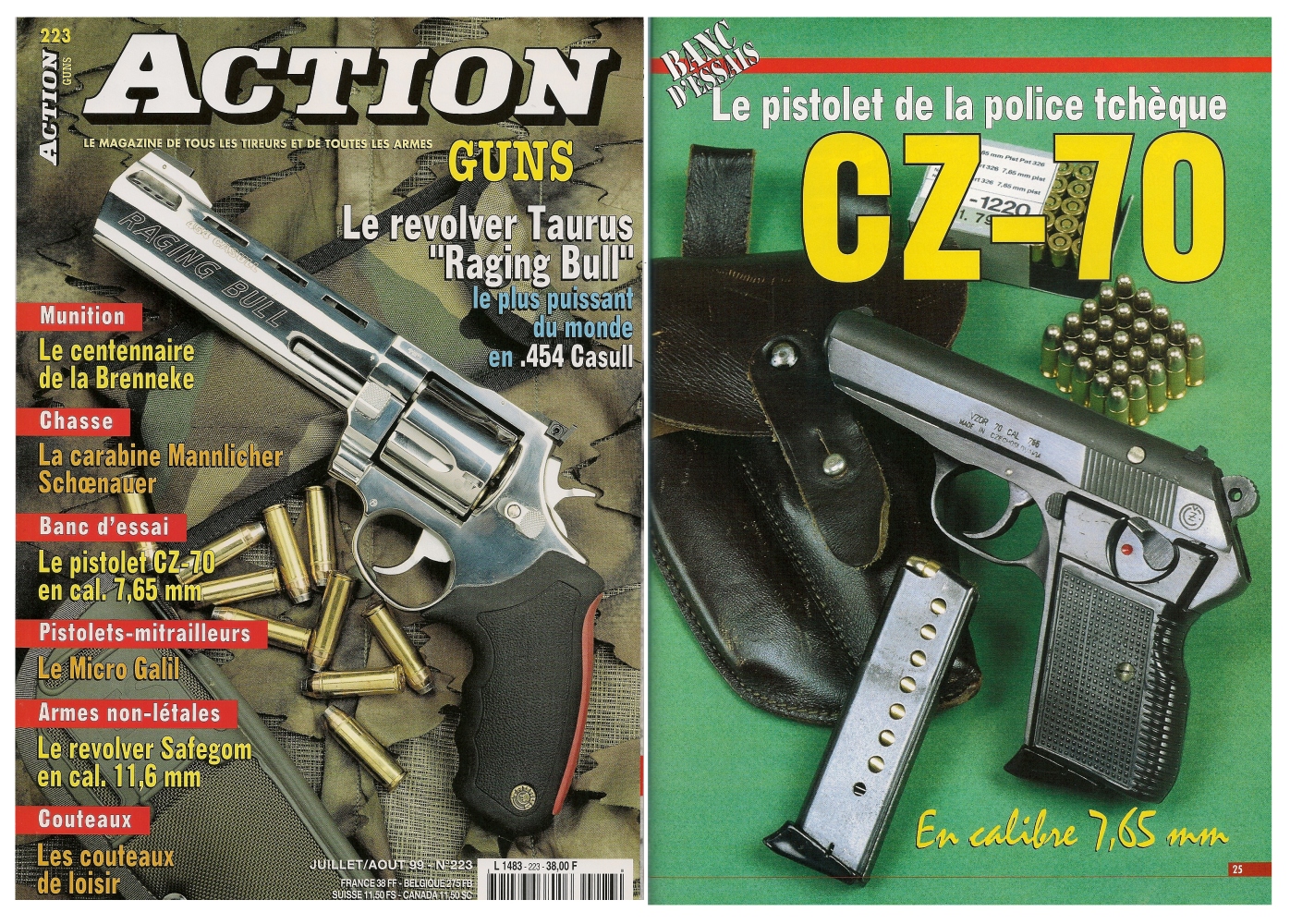 Le banc d’essai du pistolet CZ modèle 70 a été publié sur 5 pages dans le n°223 (juillet/août 1999) du magazine Action Guns.