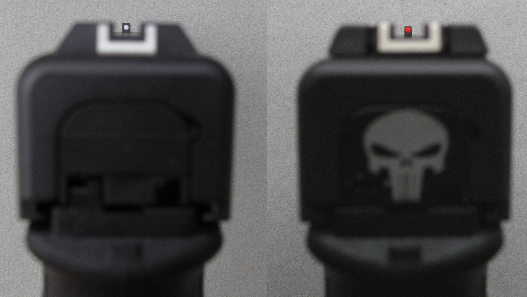 Comparaison entre la prise de visée standard (à gauche) et la prise de visée avec hausse réglable et fibre optique. Tenez compte du fait, d’une part, que l’objectif de l’appareil photo fait paraître le guidon plus petit que ne le voit l’œil du tireur et que, d’autre part, la luminosité de la fibre optique n’apparaît pas sur cette photo prise en intérieur.