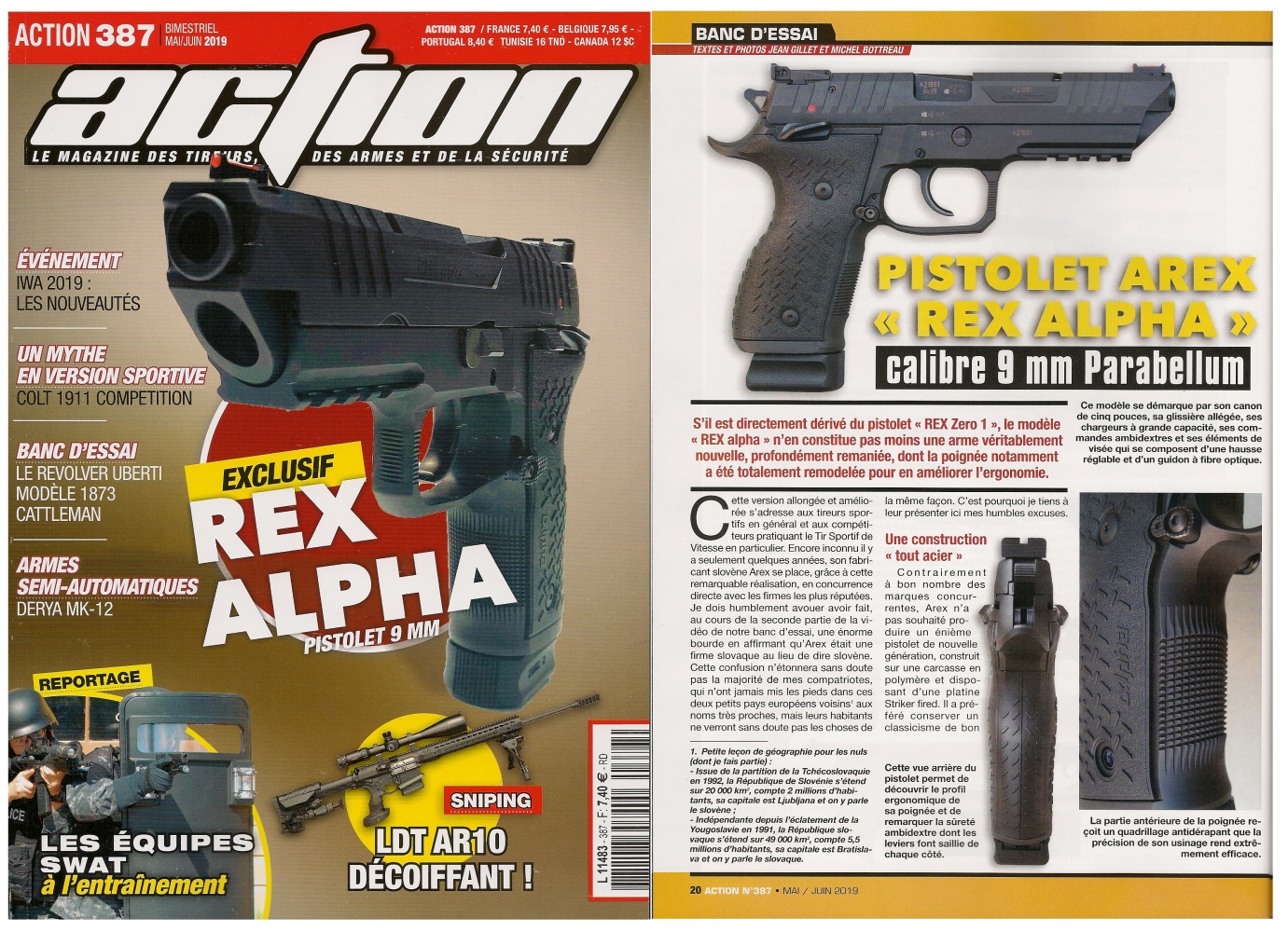Le banc d’essai du pistolet Arex REX alpha a été publié sur 6 pages dans le magazine Action n°387 (mai/juin 2019).