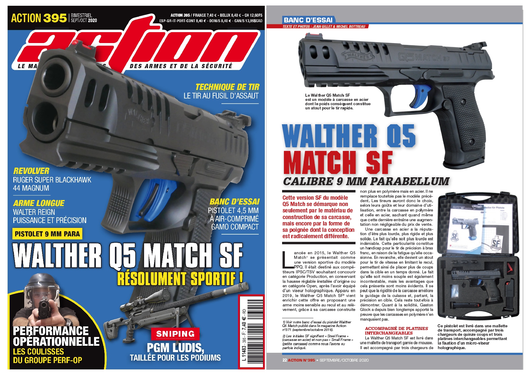 Le banc d’essai du pistolet Walther Q5 Match SF a été publié sur 6 pages dans le magazine Action n°395 (septembre/octobre 2020).