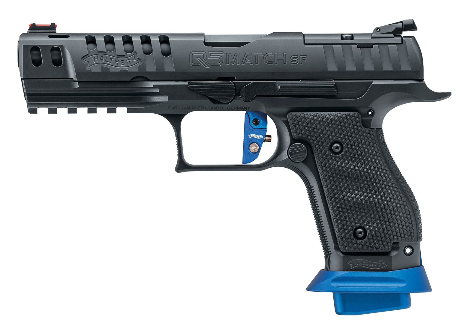 Le Walther modèle Q5 Match SF Expert, qui est destiné aux compétiteurs et n’est malheureusement pas actuellement importé en France, bénéficie d’une queue de détente droite, en aluminium de couleur bleue, dont la pré-course et le backlash sont réglables.