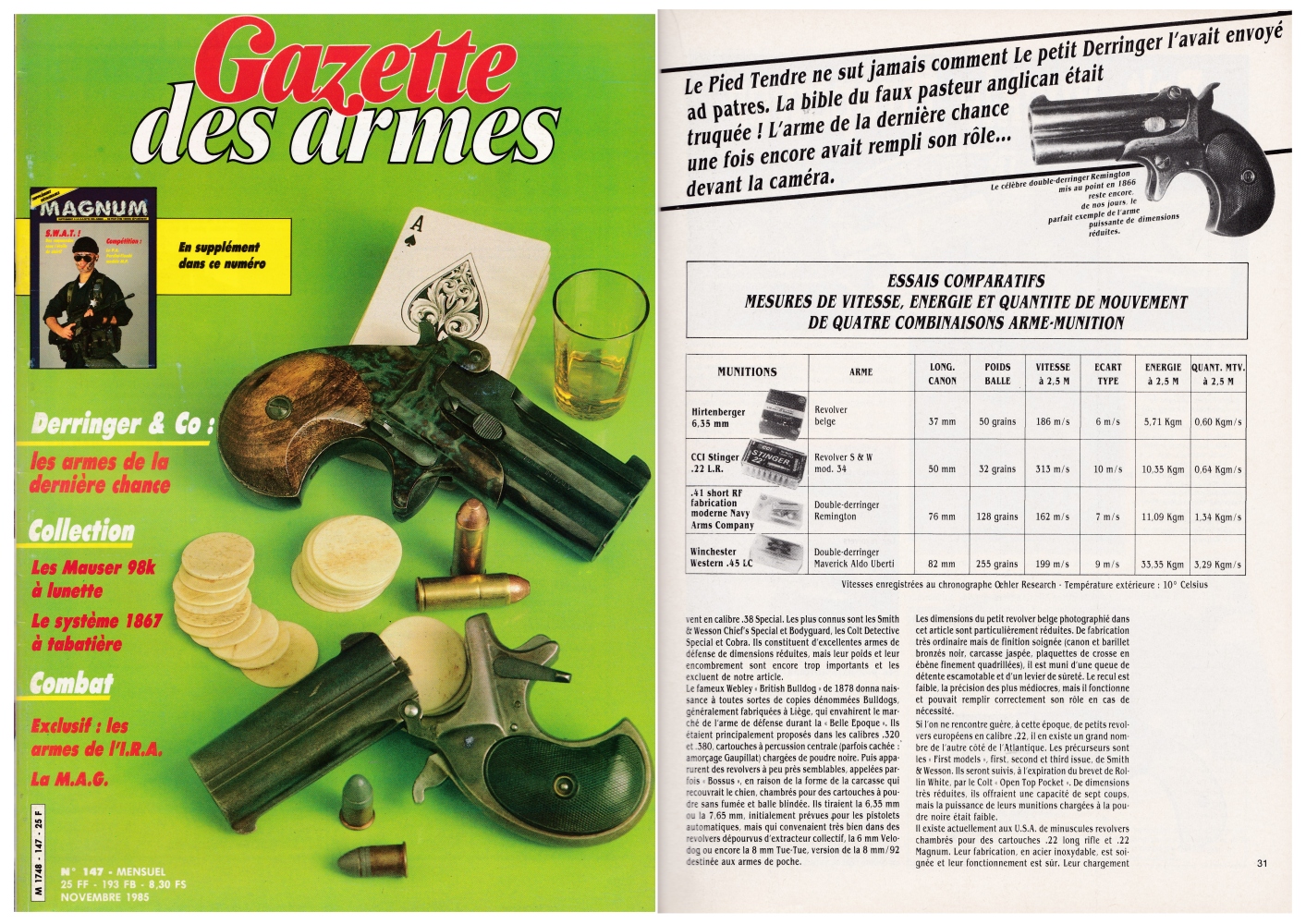 Cet article consacré aux « armes de la dernière chance » a été publié sur 8 pages dans le magazine Gazette des Armes n°147 (novembre 1985).