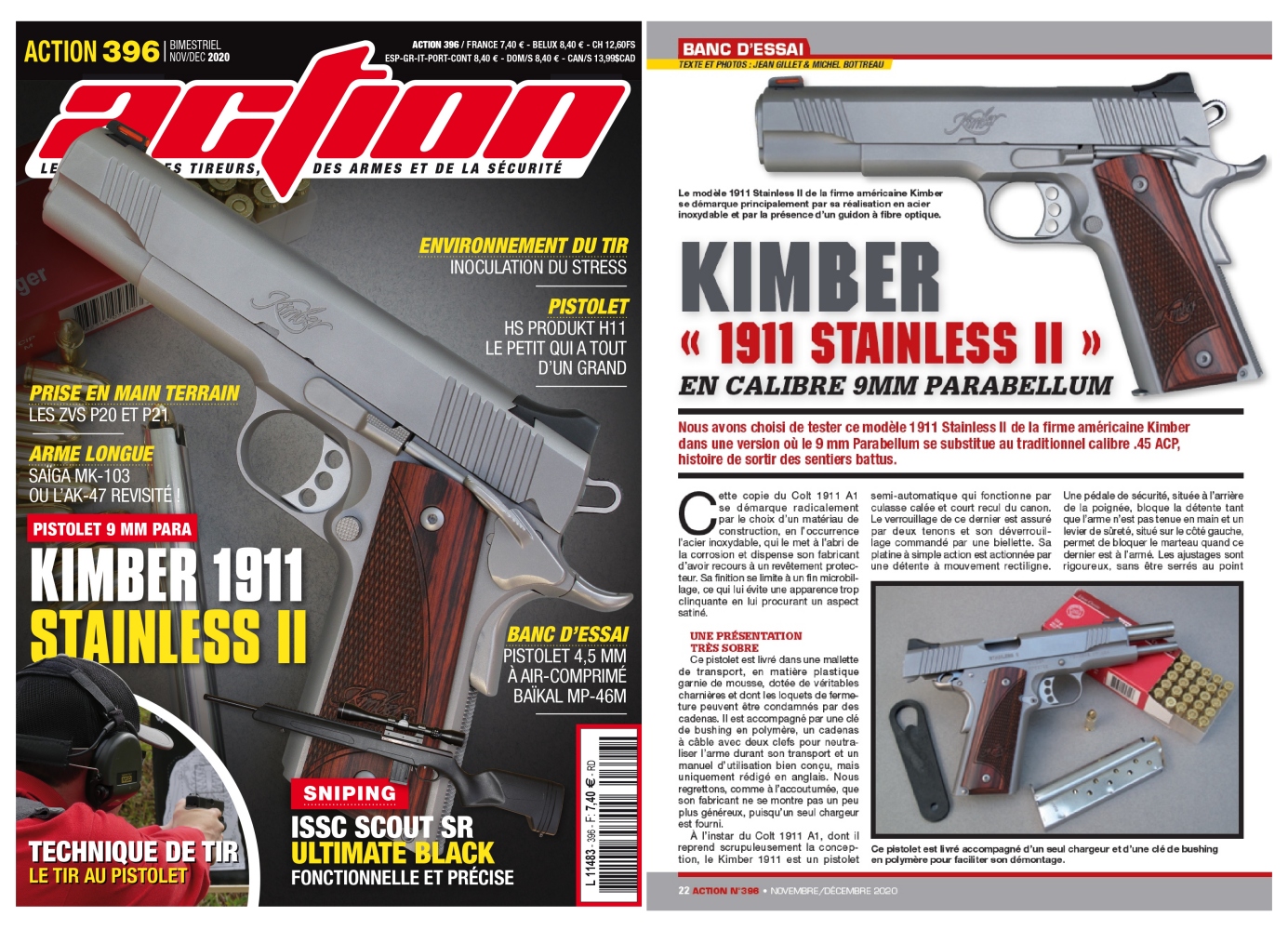 Le banc d’essai du pistolet Kimber Stainless II en calibre 9mm Parabellum a été publié sur 6 pages dans le magazine Action n°396 (novembre/décembre 2020).