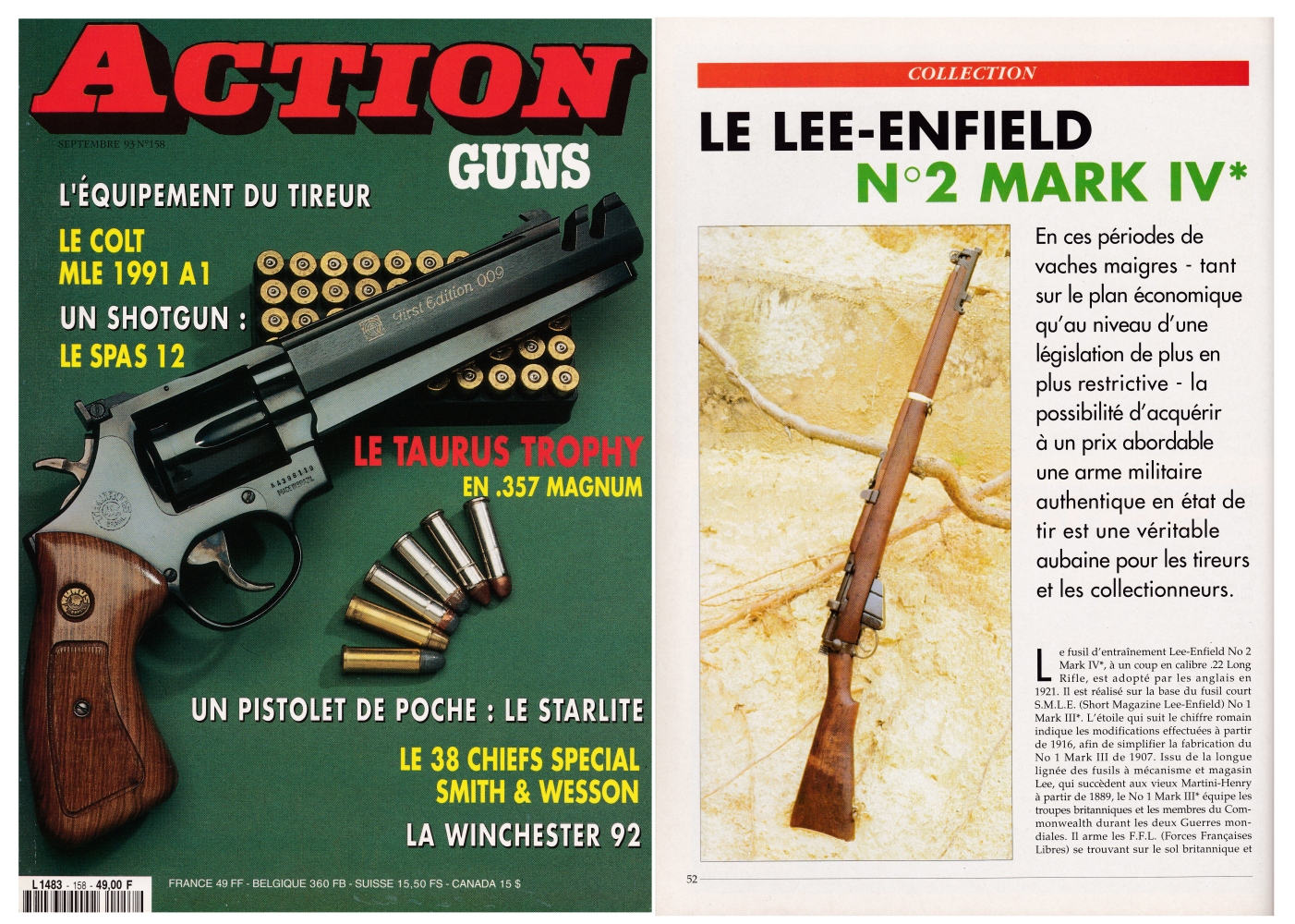 Le banc d'essai du fusil d’entrainement Lee-Enfield N°2 Mark IV* a été publié sur 6 pages dans le magazine Action Guns n°158 (septembre 1993).