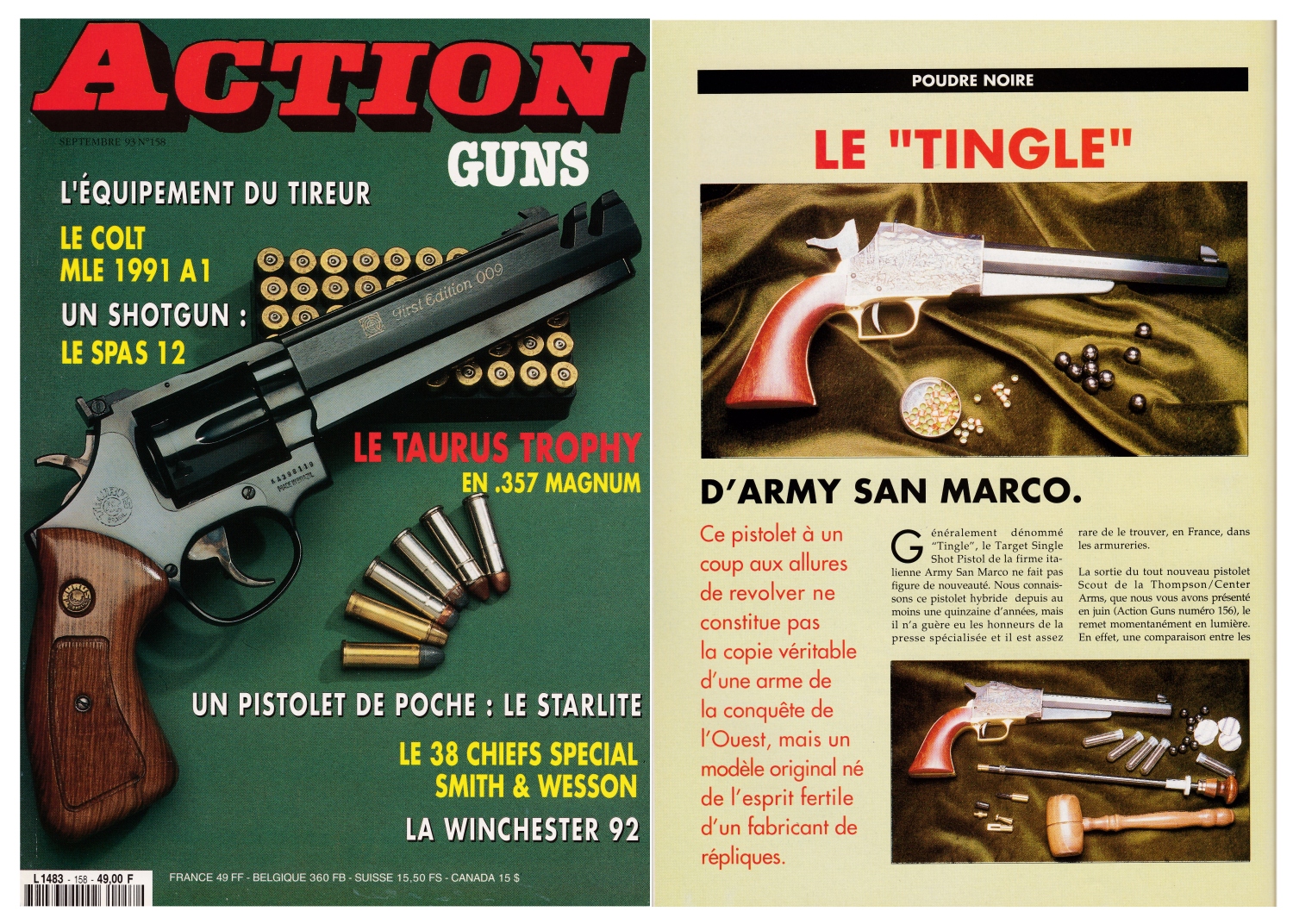 Le banc d’essai du pistolet Armi San Marco « Tingle » a été publié sur 4 pages dans le magazine Action Guns n°158 (septembre 1993).