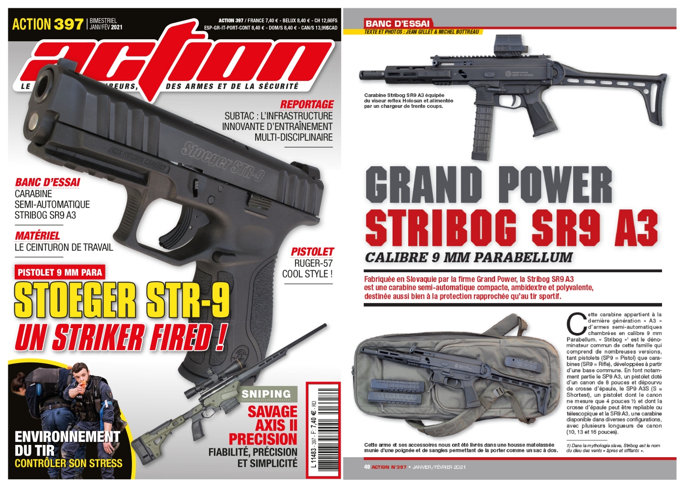 Le banc d'essai de la carabine Grand Power Stribog SR9 A3 a été publié sur 6 pages dans le magazine Action n°397 (janvier/février 2021)