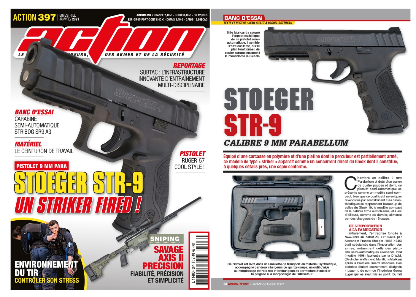 Le banc d'essai du pistolet Stoeger STR-9 a été publié sur 6 pages dans le magazine Action n°397 (janvier/février 2021)