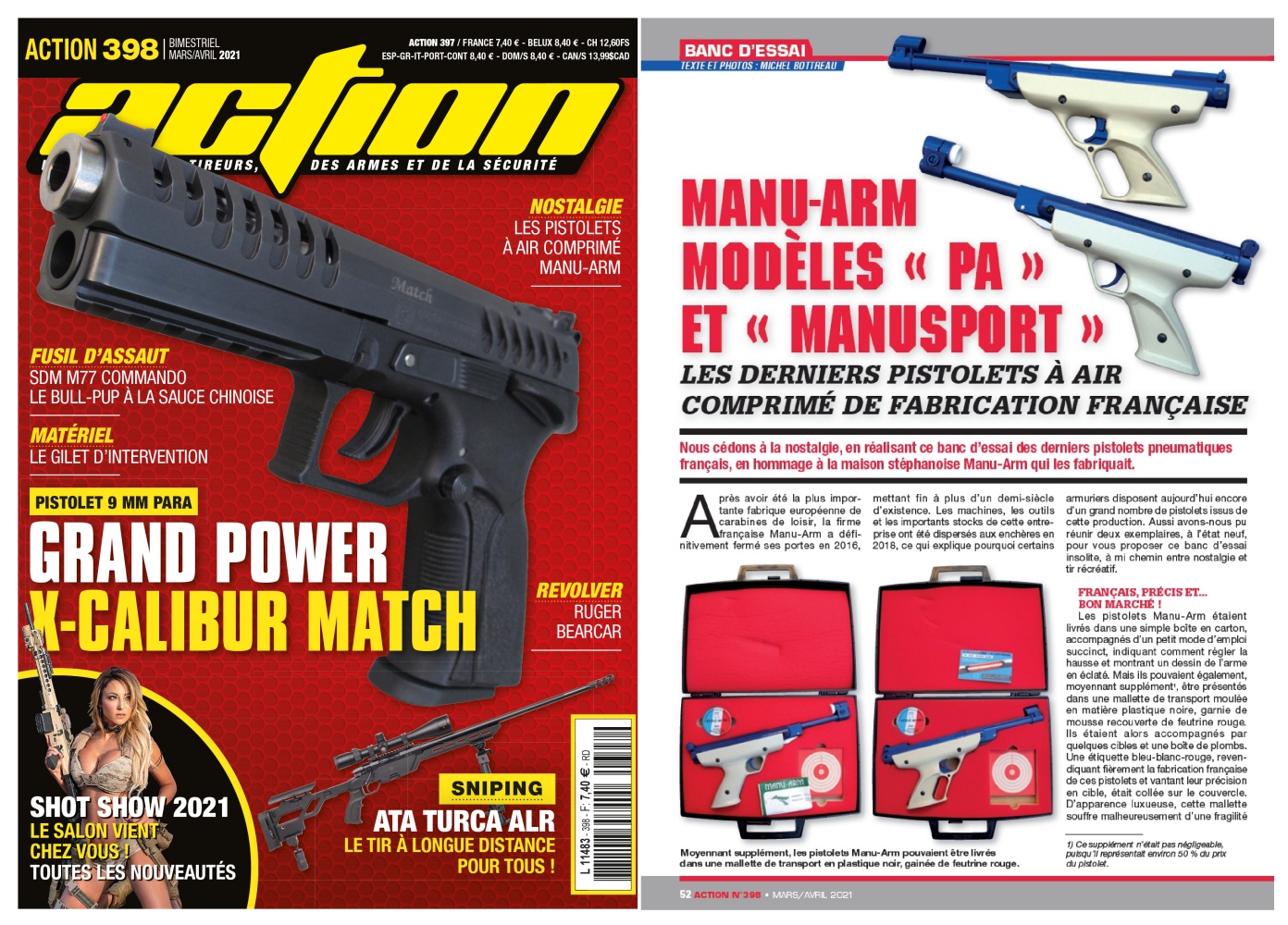 Le banc d’essai du pistolet Grand Power X-Calibur Match a été publié sur 6 pages dans le magazine Action n°398 (mars/avril 2021)