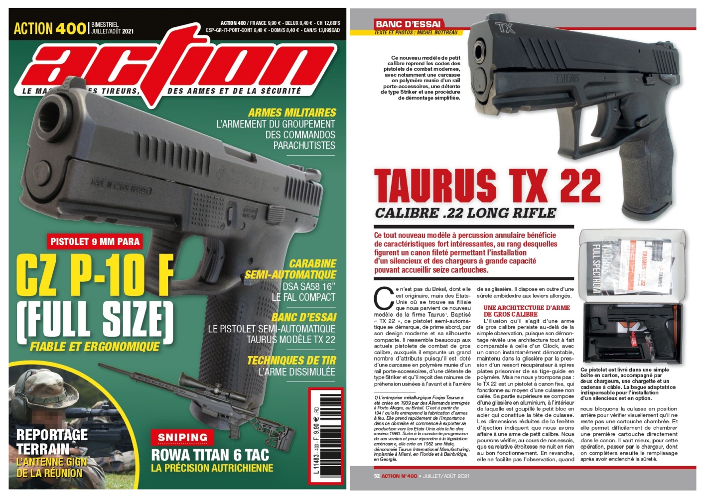 Le banc d’essai du pistolet Taurus TX 22 a été publié sur 6 pages dans le magazine Action n°400 (juillet-août 2021).