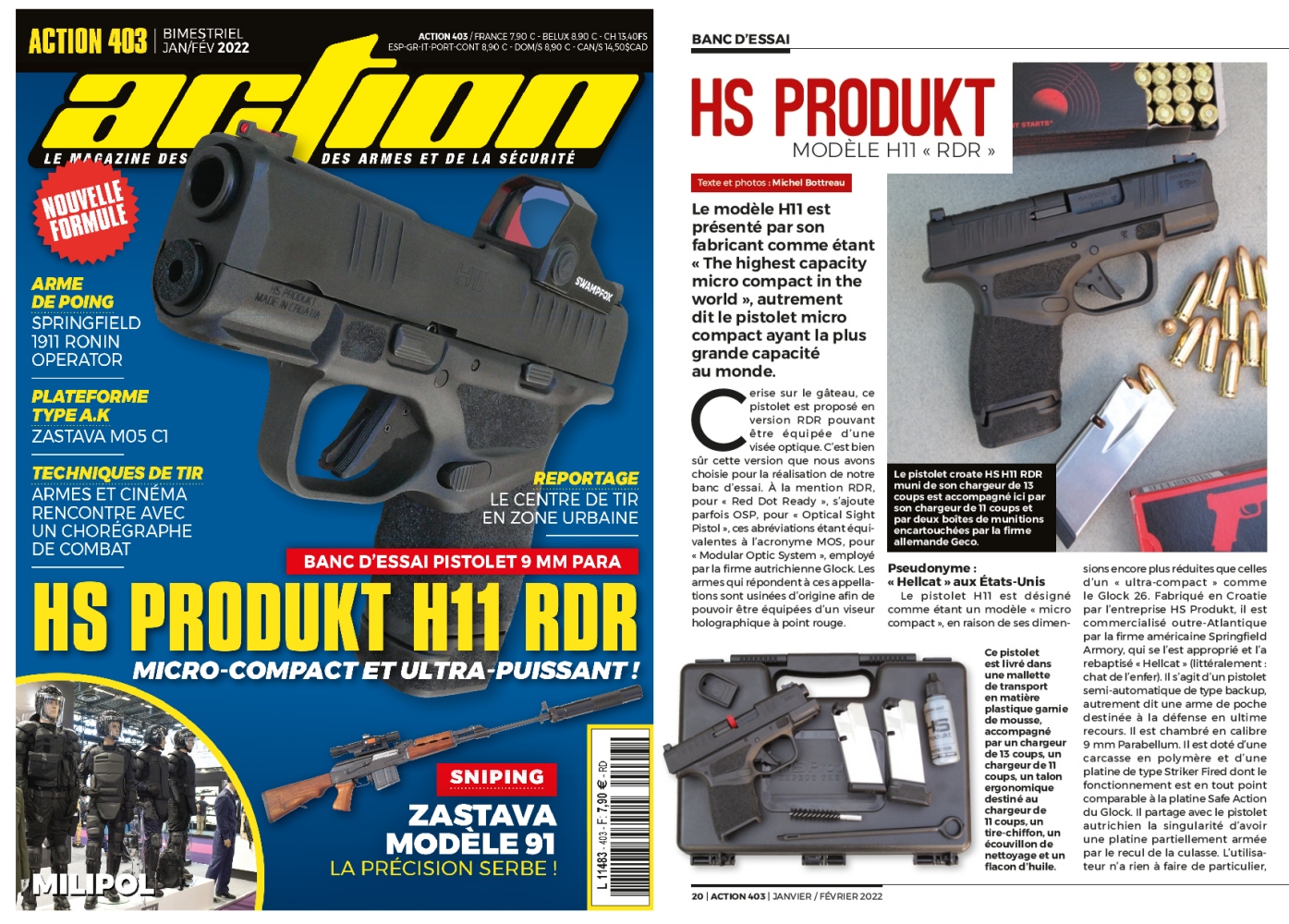 Le banc d’essai du pistolet HS Produkt H11 RDR a été publié sur 6 pages dans le magazine Action n°403 (janvier/février 2022).