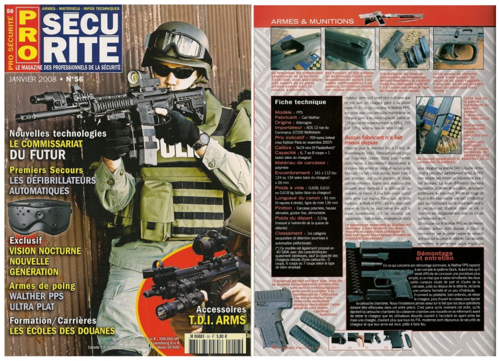 Le banc d’essai du pistolet Walther PPS a été publié sur 6 pages dans le magazine Pro Sécurité n°56 (janvier 2008) 