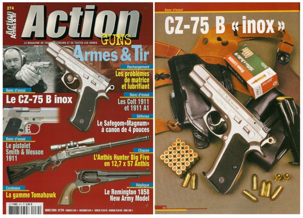 Le banc d’essai du pistolet CZ-75 B « Inox » a été publié sur 8 pages dans le magazine Action Guns n°274 (mars 2004) 