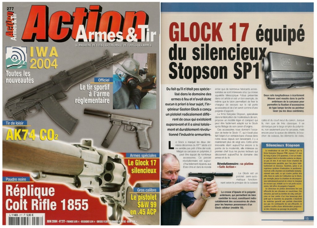 Le banc d’essai du Glock 17 avec silencieux Stopson a été publié sur 7 pages dans le magazine Action Armes & Tir n°277 (juin 2004) 