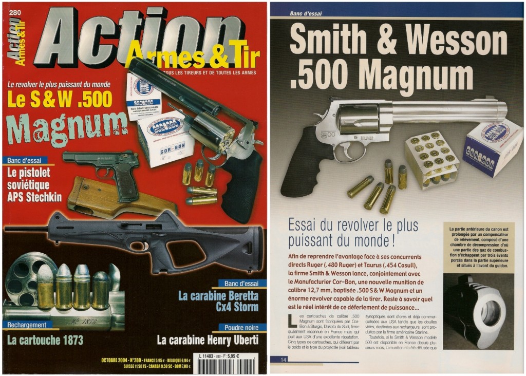 Le banc d’essai du Smith & Wesson modèle 500 à canon de 8 pouces 3/8 a été publié sur 9 pages dans le magazine Action Armes & Tir n°280 (octobre 2004) 