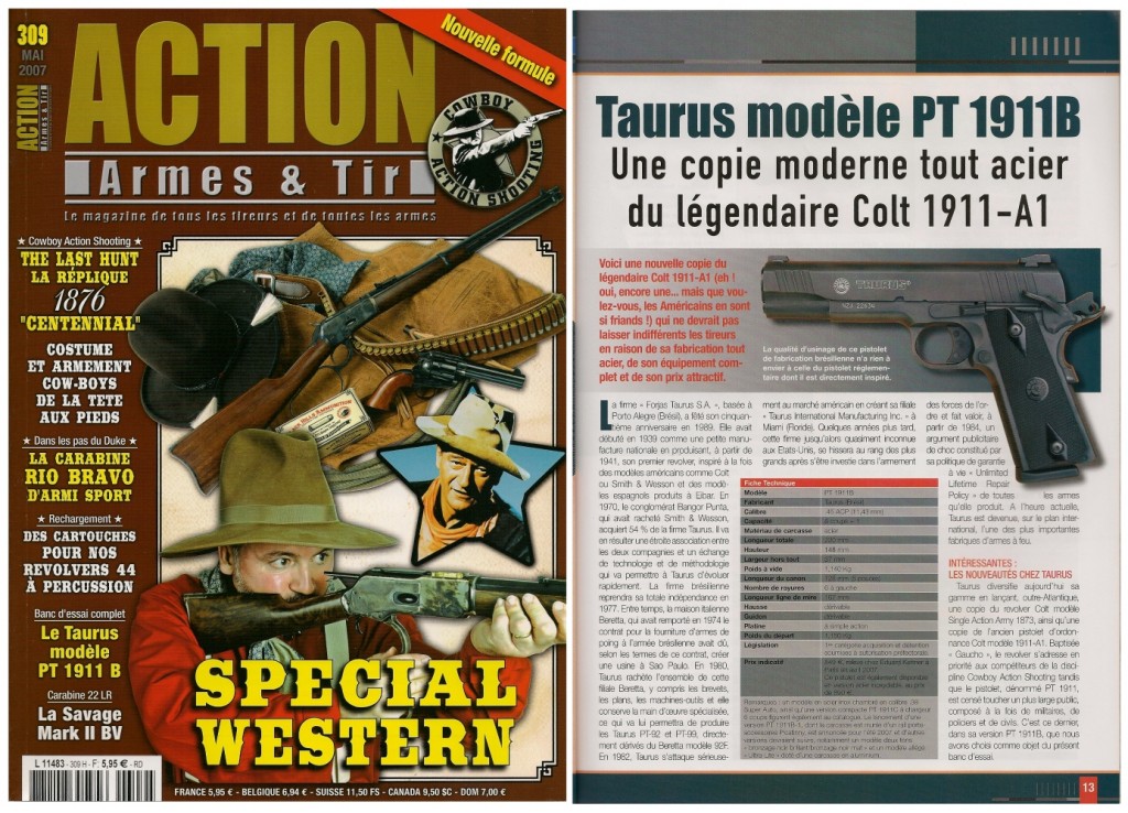 Le banc d’essai du pistolet Taurus PT 1911B a été publié sur 7 pages dans le magazine Action Armes & Tir n°309 (mai 2007) 