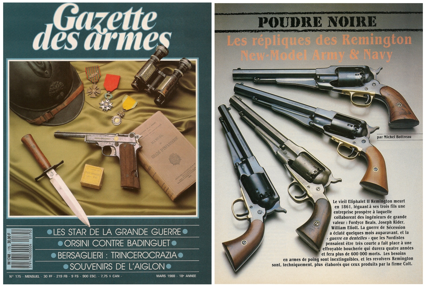 Le banc d’essai des répliques des revolvers Remington New Model Army & New Model Navy a été publié sur 5 pages dans le magazine Gazette des Armes n°175 (mars 1988).