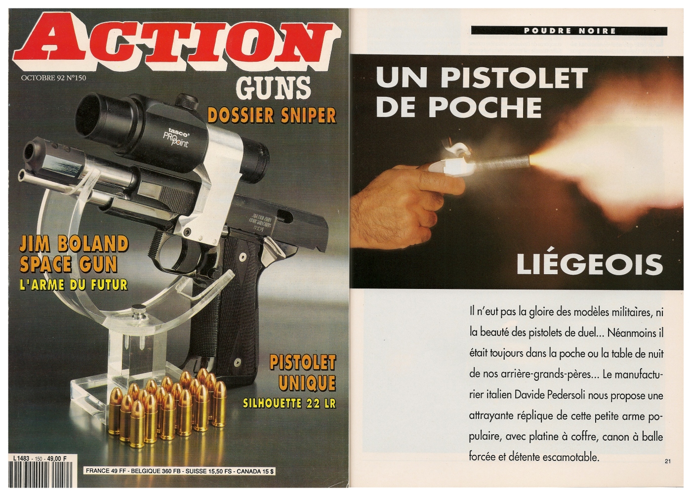 Le banc d'essai de la réplique de pistolet de poche liégeois a été publié sur 4 pages dans le magazine Action Guns n°150 (octobre 1992). 