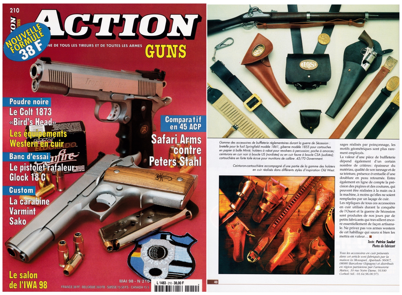 L'article consacré aux équipements Western en cuir a été publié sur 3 pages dans le magazine Action Guns n°210 (mai 1998).